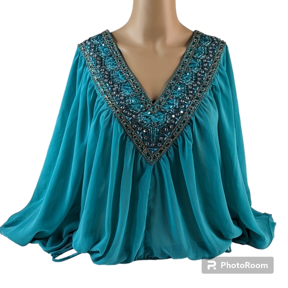 Black Batwing Top Women's Sz S Blue Green Sheer Chiffon Blouse Beaded V-Neck - Picture 1 of 13